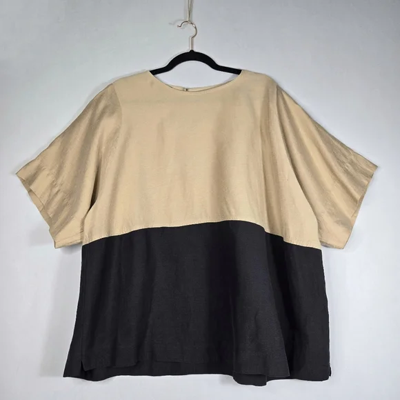 Alembika Belle Linen Tencel Top Size 18 Boxy Oversize Short Sleeve Khaki Black - Picture 2 of 15